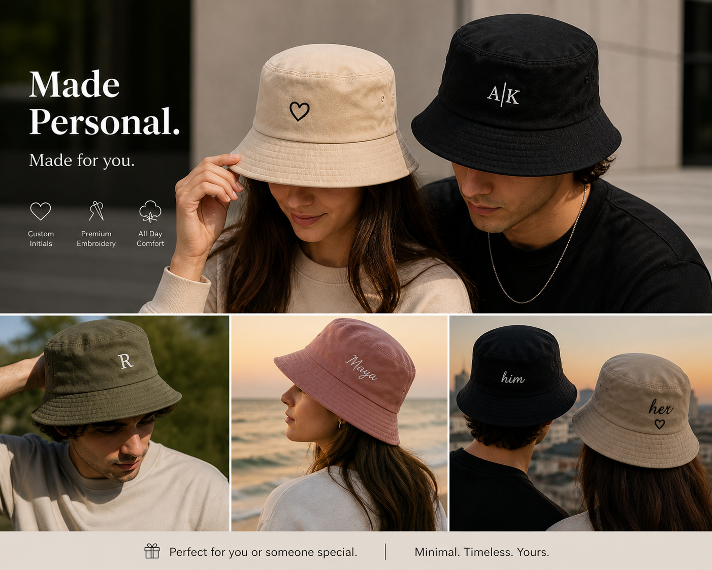 Custom embroidered bucket hats for couples
