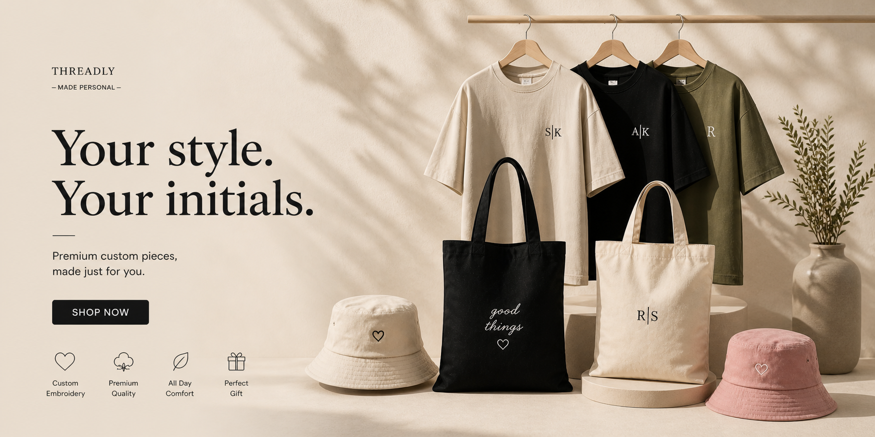 Threadly custom embroidered caps, tees and totes